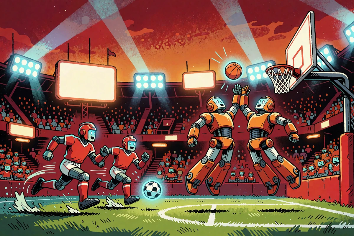 Roboty grające w piłkę i koszyk&oacute;wkę na oświetlonym stadionie - sekcja sportsbook Casoola
