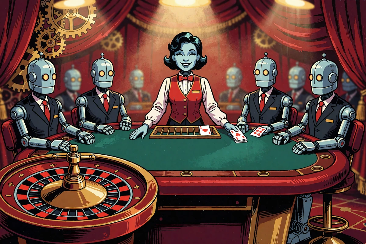 Robotyczni krupierzy i gracze przy stole ruletki i blackjacka w kasynie live Casoola