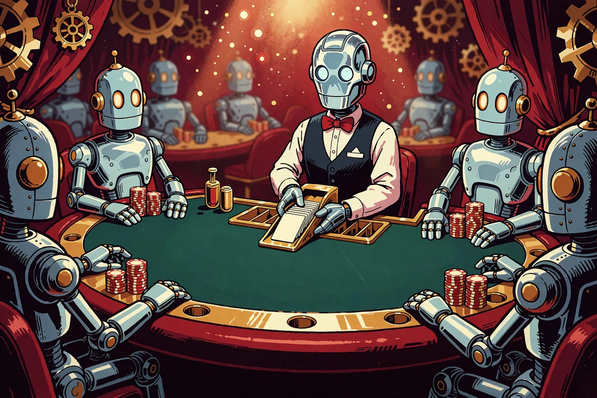 Robotyczny krupier i trzej roboccy gracze przy stole blackjacka w kasynie live Casoola