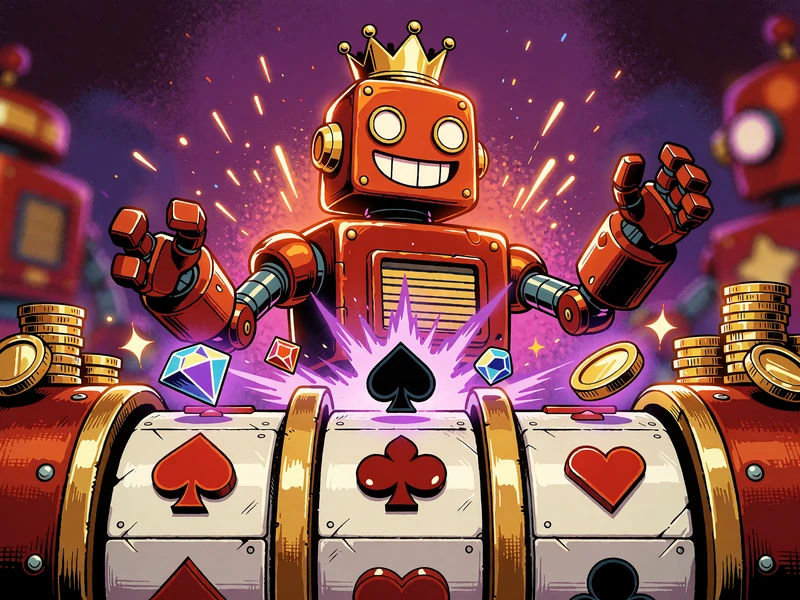 Slot online z kresk&oacute;wkowym robotem w złotej koronie i bębnami pełnymi gem&oacute;w w kasynie Casoola