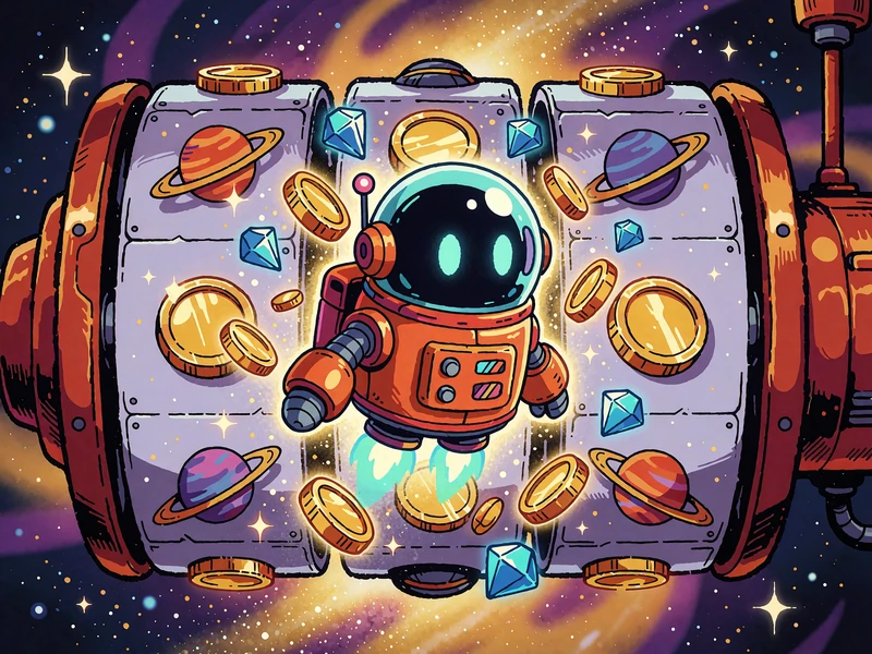 Robot-astronauta wśr&oacute;d gwiazd i gem&oacute;w na bębnach kosmicznego slotu jackpot w kasynie Casoola