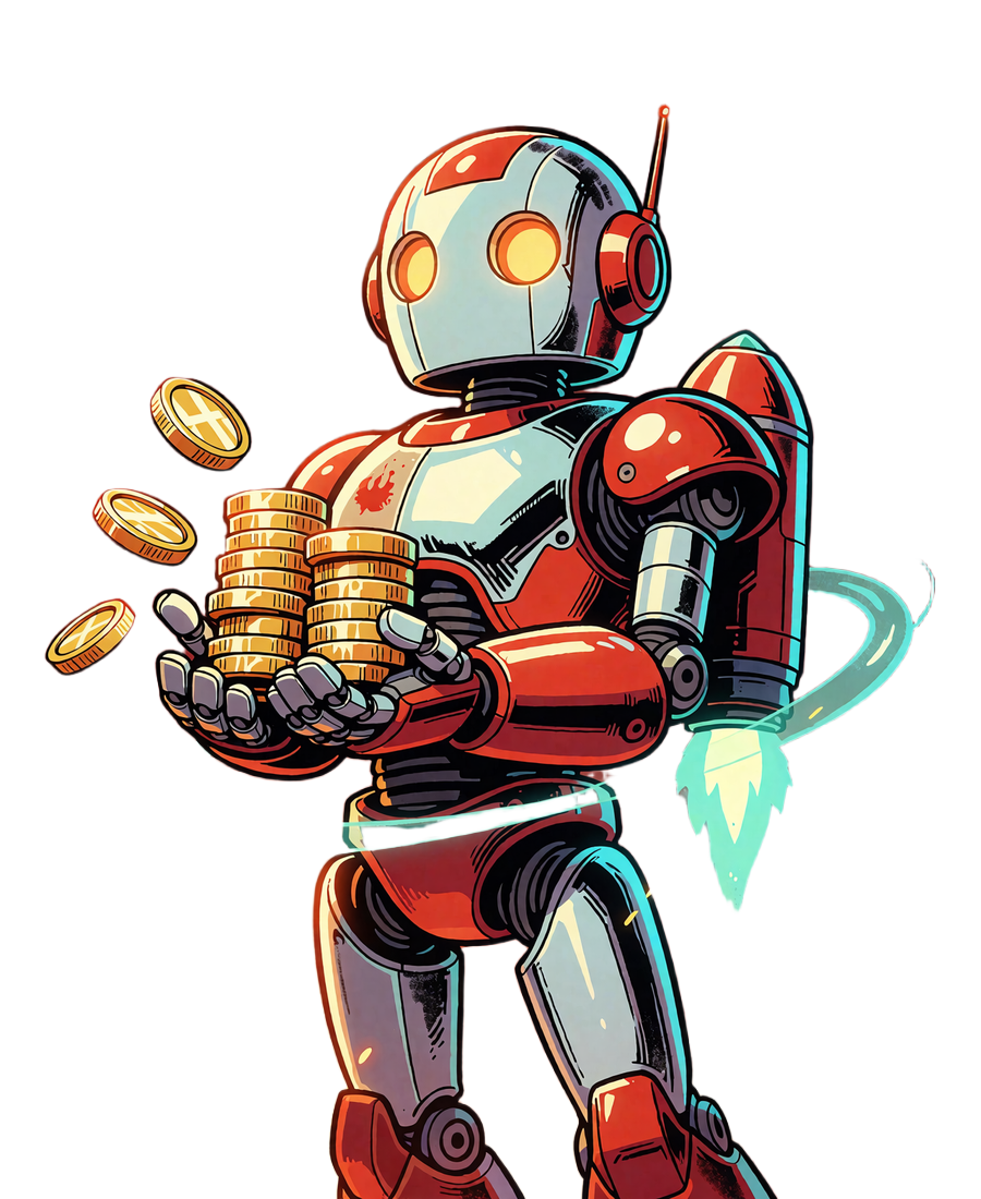 Kresk&oacute;wkowy robot-kurier Casoola niosący stos złotych monet - symbol bonusu Crypto Welcome 200% do 3000 USDT